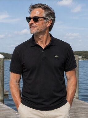 LACOSTE BLACK POLO SHIRT, CLASSIC CROCODILE LOGO, LARGE, UNISEX